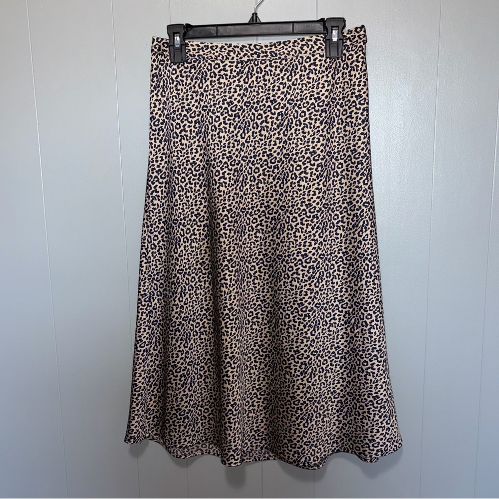 J. Crew Navy Blue and Brown Leopard Bias Slip Midi Skirt Small